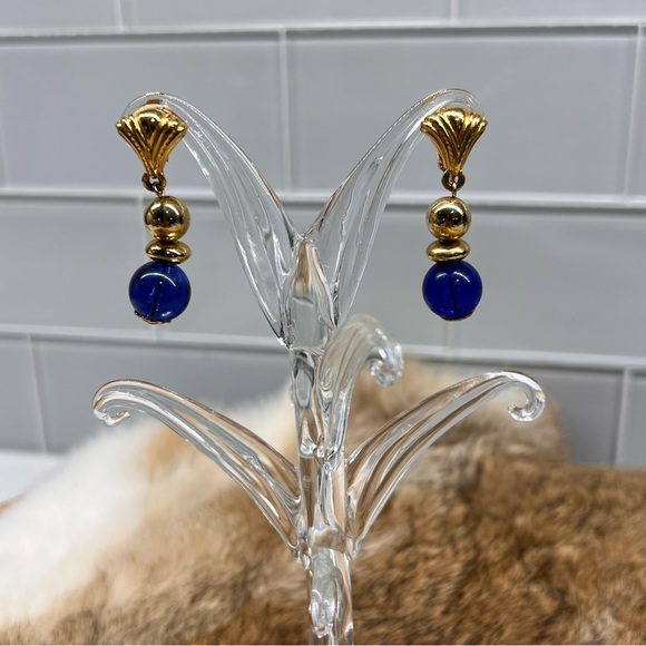 Ornate Gold Tone Dangle Earrings, Cobalt Blue Lucite/ Glass Bead Vintage Clip On - Picture 3 of 7